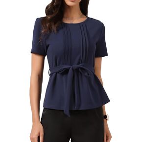 بلوزة Allegra K Dressy كاجوال بيبلوم للنساء صيفية ذات ثنيات ورقبة دائرية وحزام وأكمام قصيرة للعمل in Kuwait