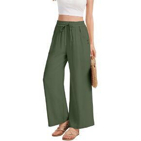 Womens Linen Wide Leg Pants Casual Drawstring Summer Long Trousers Palazzo Harem Pants with Pockets in Kuwait
