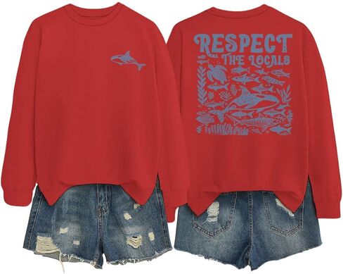 Respect The Locals Graphic Oversized Sweatshirts for Women Funny Ocean Animal Print Crewneck Pullovers Tops in Saudi Arabia