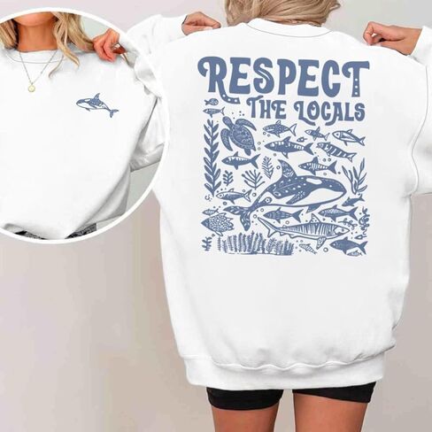 Respect The Locals Graphic Oversized Sweatshirts for Women Funny Ocean Animal Print Crewneck Pullovers Tops in Saudi Arabia