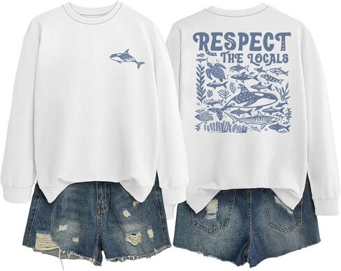 Respect The Locals Graphic Oversized Sweatshirts for Women Funny Ocean Animal Print Crewneck Pullovers Tops in Saudi Arabia