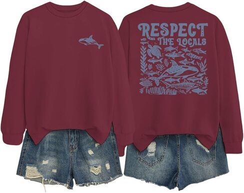 Respect The Locals Graphic Oversized Sweatshirts for Women Funny Ocean Animal Print Crewneck Pullovers Tops in Saudi Arabia