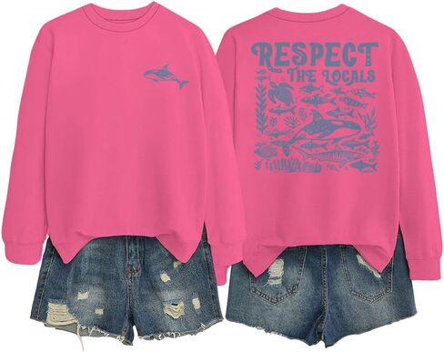 Respect The Locals Graphic Oversized Sweatshirts for Women Funny Ocean Animal Print Crewneck Pullovers Tops in Saudi Arabia