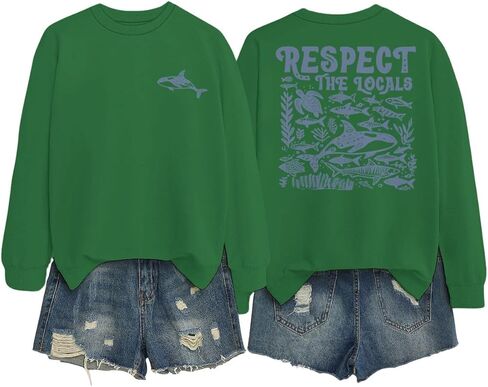 Respect The Locals Graphic Oversized Sweatshirts for Women Funny Ocean Animal Print Crewneck Pullovers Tops in Saudi Arabia