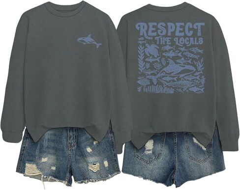 Respect The Locals Graphic Oversized Sweatshirts for Women Funny Ocean Animal Print Crewneck Pullovers Tops in Saudi Arabia