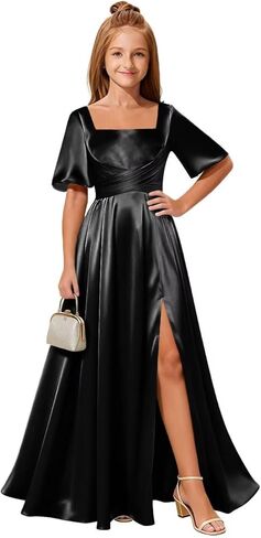 MRHUSH Junior Bridesmaid Dresses Satin Short Sleeve Flower Girl Dress Pleated Teens Prom Dresses with Slit Girls Formal Dress in Kuwait
