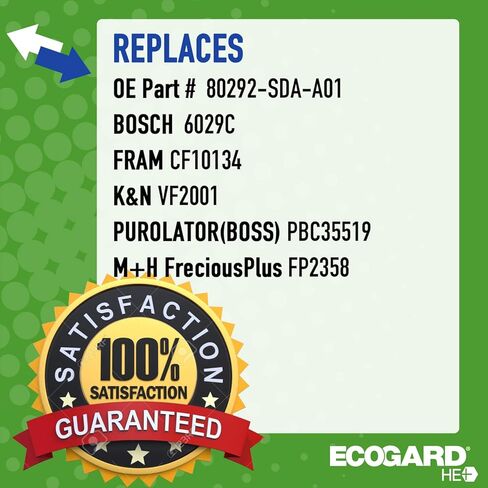 فلتر هواء المقصورة الفاخر عالي الكفاءة من ECOGARD XC35519H + صودا الخبز يناسب 2006-2025 Honda Ridgeline، 2019-2025 Passport، 2003-2017 Accord، 2007-2016 CR-V، 2006-2015 Civic in Saudi Arabia