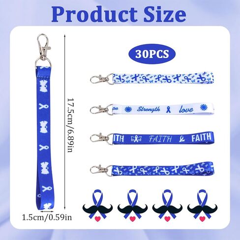 WANDIC 30Pcs Blue Ribbon Keychains Colon Cancer Awareness Polyester Keyrings Prostate Cancer Awareness Keychains for Charity Events,17.5 * 1.5cm in Saudi Arabia