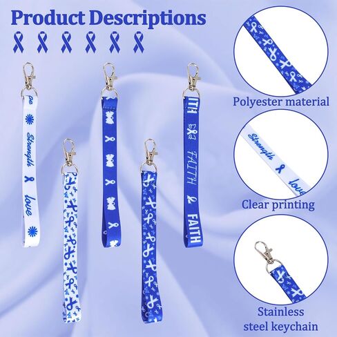 WANDIC 30Pcs Blue Ribbon Keychains Colon Cancer Awareness Polyester Keyrings Prostate Cancer Awareness Keychains for Charity Events,17.5 * 1.5cm in Saudi Arabia