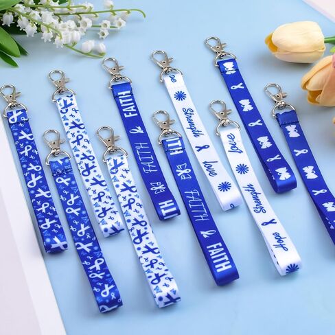WANDIC 30Pcs Blue Ribbon Keychains Colon Cancer Awareness Polyester Keyrings Prostate Cancer Awareness Keychains for Charity Events,17.5 * 1.5cm in Saudi Arabia