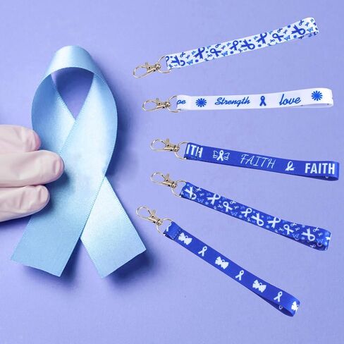 WANDIC 30Pcs Blue Ribbon Keychains Colon Cancer Awareness Polyester Keyrings Prostate Cancer Awareness Keychains for Charity Events,17.5 * 1.5cm in Saudi Arabia