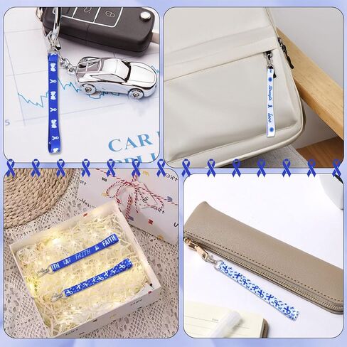 WANDIC 30Pcs Blue Ribbon Keychains Colon Cancer Awareness Polyester Keyrings Prostate Cancer Awareness Keychains for Charity Events,17.5 * 1.5cm in Saudi Arabia