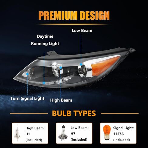 Headlight Assembly for 2013-2016 Sportage, Passenger & Driver Side Halogen Headlamp with [LED Daytime Running Light], Clear Lens Amber Reflector, (with Bulbs) 1 Pair, Replace# 921013W710 in Kuwait
