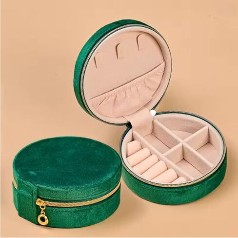 Light Luxury Velvet Jewelry Storage Box, Round Travel Jewelry Organizer, for Rings, Earrings, Necklaces, Compact Small Jewelry in Saudi Arabia