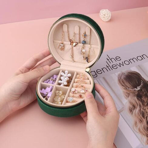Light Luxury Velvet Jewelry Storage Box, Round Travel Jewelry Organizer, for Rings, Earrings, Necklaces, Compact Small Jewelry in Saudi Arabia