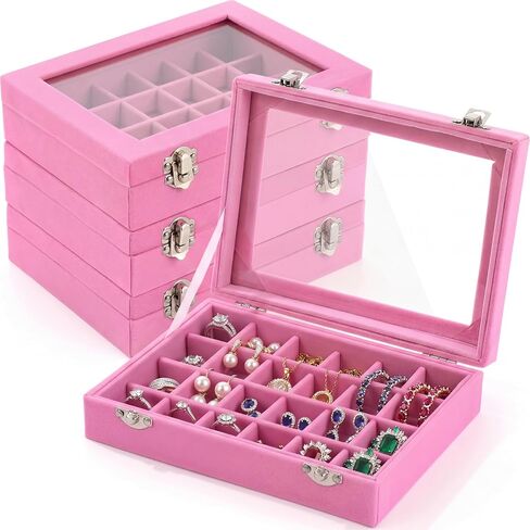 Nosiny 4 Pcs Earrings Jewelry Box Ring Display Case 24 Grids Velvet Jewelry Organizer Box Tray Earrings Holder Storage Case for Girls Wife Mom Women (Pink) in Saudi Arabia
