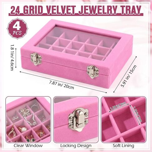 Nosiny 4 Pcs Earrings Jewelry Box Ring Display Case 24 Grids Velvet Jewelry Organizer Box Tray Earrings Holder Storage Case for Girls Wife Mom Women (Pink) in Saudi Arabia