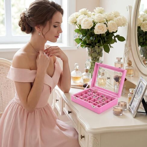 Nosiny 4 Pcs Earrings Jewelry Box Ring Display Case 24 Grids Velvet Jewelry Organizer Box Tray Earrings Holder Storage Case for Girls Wife Mom Women (Pink) in Saudi Arabia
