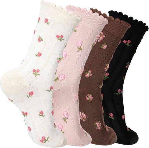 4 أزواج من الجوارب اللطيفة للنساء، جوارب زهرية مكشكشة، جورب قطني كاجوال، جورب الخس، مقاس 5-7 in Kuwait