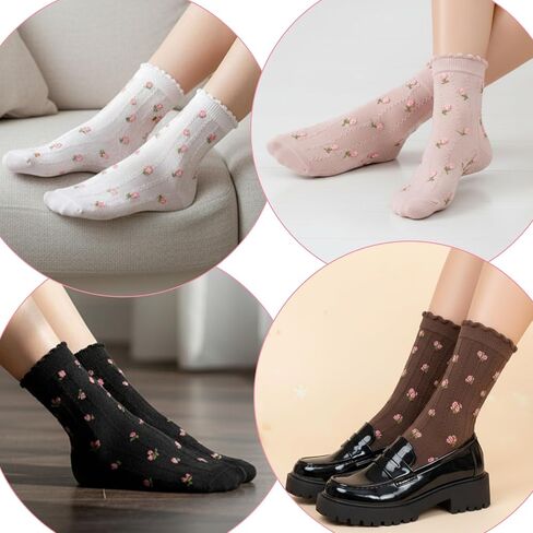 4 أزواج من الجوارب اللطيفة للنساء، جوارب زهرية مكشكشة، جورب قطني كاجوال، جورب الخس، مقاس 5-7 in Kuwait