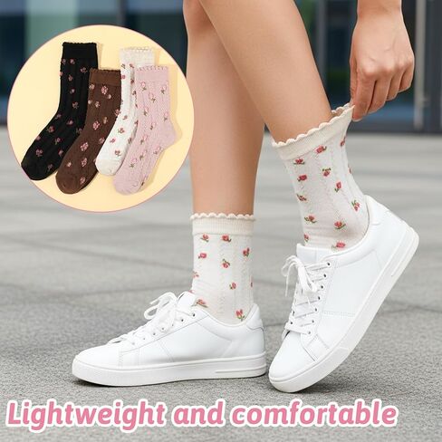 4 أزواج من الجوارب اللطيفة للنساء، جوارب زهرية مكشكشة، جورب قطني كاجوال، جورب الخس، مقاس 5-7 in Kuwait