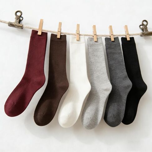 6 Pairs Women's Mid Calf Ribbed Socks, Solid Color Casual Crew Socks, Soft Stretchy Socks for Daily Wear & & All Shoes in Saudi Arabia
