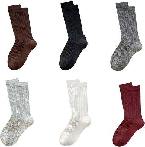 6 Pairs Women's Mid Calf Ribbed Socks, Solid Color Casual Crew Socks, Soft Stretchy Socks for Daily Wear & & All Shoes in Saudi Arabia