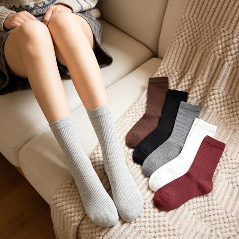6 Pairs Women's Mid Calf Ribbed Socks, Solid Color Casual Crew Socks, Soft Stretchy Socks for Daily Wear & & All Shoes in Saudi Arabia