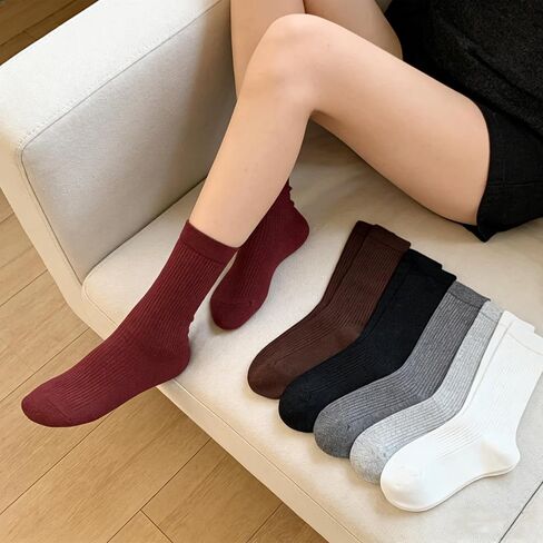 6 Pairs Women's Mid Calf Ribbed Socks, Solid Color Casual Crew Socks, Soft Stretchy Socks for Daily Wear & & All Shoes in Saudi Arabia