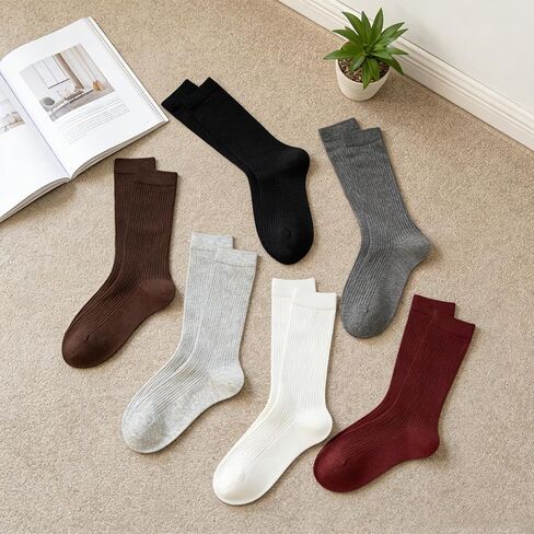 6 Pairs Women's Mid Calf Ribbed Socks, Solid Color Casual Crew Socks, Soft Stretchy Socks for Daily Wear & & All Shoes in Saudi Arabia