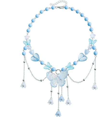 Layered Pearl Butterfly Choker Necklaces Women Vintage Crystal Beaded Pendant Necklace Y2K Bow Heart Tassel Chain Layered Pearl Butterfly Choker Necklace in Saudi Arabia