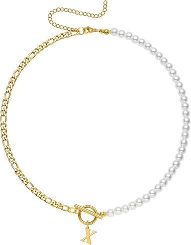 قلادات اللؤلؤ الأولية للنساء 18K الذهب الفولاذ المقاوم للصدأ حرف A-Z قلادة فيجارو سلسلة 16 + 3 بوصة مجوهرات هدية لها in Kuwait