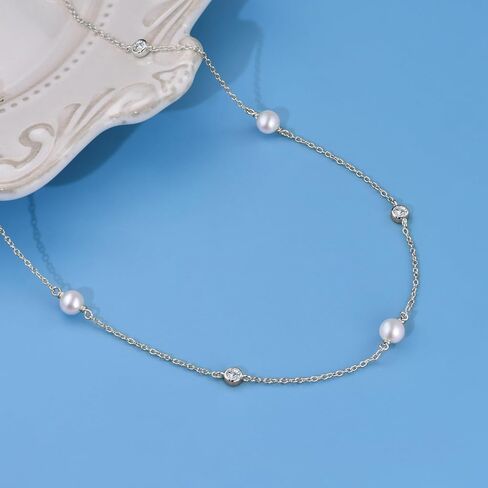 قلادة من اللؤلؤ الفضي الاسترليني للنساء، قلادة عصرية أنيقة مطرزة باللؤلؤ قابلة للتعديل، هدايا مجوهرات لعيد ميلاد العروس ووصيفة العروس للنساء، 16+2 بوصة (فضة استرليني) in Kuwait