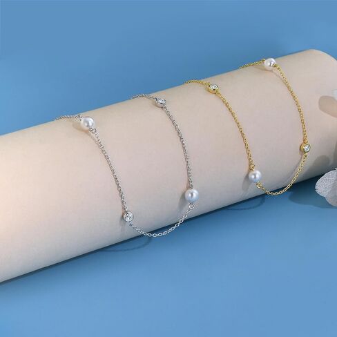 قلادة من اللؤلؤ الفضي الاسترليني للنساء، قلادة عصرية أنيقة مطرزة باللؤلؤ قابلة للتعديل، هدايا مجوهرات لعيد ميلاد العروس ووصيفة العروس للنساء، 16+2 بوصة (فضة استرليني) in Kuwait