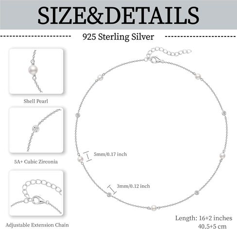 قلادة من اللؤلؤ الفضي الاسترليني للنساء، قلادة عصرية أنيقة مطرزة باللؤلؤ قابلة للتعديل، هدايا مجوهرات لعيد ميلاد العروس ووصيفة العروس للنساء، 16+2 بوصة (فضة استرليني) in Kuwait