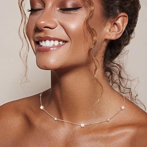 قلادة من اللؤلؤ الفضي الاسترليني للنساء، قلادة عصرية أنيقة مطرزة باللؤلؤ قابلة للتعديل، هدايا مجوهرات لعيد ميلاد العروس ووصيفة العروس للنساء، 16+2 بوصة (فضة استرليني) in Kuwait