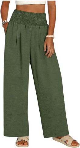 سراويل Palazzo النسائية من الكتان بأرجل واسعة وخصر مرتفع، سراويل صيفية غير رسمية للسفر على الشاطئ مع جيوب in Kuwait