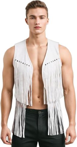 Men's Faux Suede 70s Hippie Cardigan Western Cowboy Sleeveless Costume Fringe Vest Tassel Jacket in Saudi Arabia