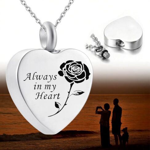 Silver Heart Shaped Memorial Urn Necklace Rose Engraved Pendant-Always in My Heart in Saudi Arabia