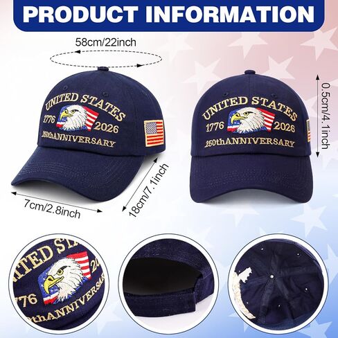 Hercicy 4 Pcs 250 Anniversary USA Hat, Adjustable 250 Year American Anniversary Hat 1776-2026 Patriotic Baseball Cap with Embroidery Flag in Saudi Arabia
