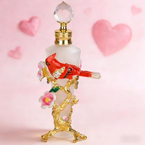 SEVENBEES 25ml Refillable Glass Perfume Bottle with Red Cardinal Bird Figurine Collectible - Empty Glass Bottle for Essential Oil Fragrance - Hand Painted Enameled Gift Dresser Table Decor in Kuwait