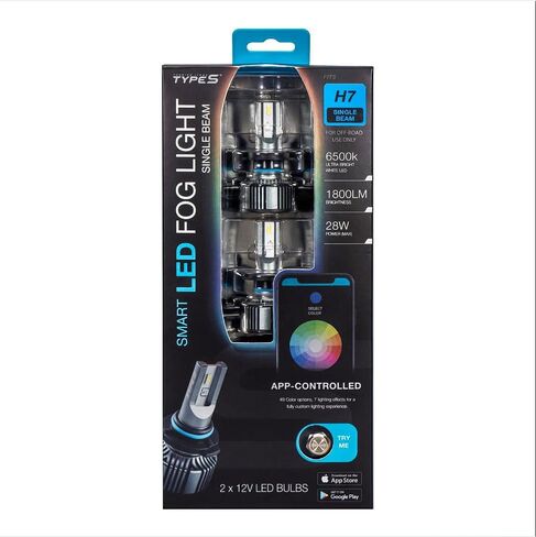 TYPE S Smart UltraBright LED Fog Light Bulbs H7 Single Beam, RGB App-Controlled Custom Color & Effects, 1800LM, 6500K White, Fog Lamps Replacement for Cars, Trucks, SUVs, Motorcycles in Kuwait