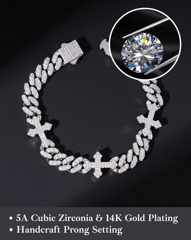 LuxeFlex Iced Out 9mm Cross Cuban Bracelet, Unisex Jesus religious White Gold Plated Sparkling big 5A Cubic Zirconia Shiny Women Luxury Jewelry in Saudi Arabia