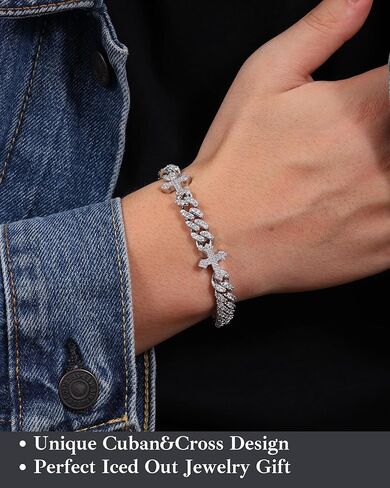 LuxeFlex Iced Out 9mm Cross Cuban Bracelet, Unisex Jesus religious White Gold Plated Sparkling big 5A Cubic Zirconia Shiny Women Luxury Jewelry in Saudi Arabia
