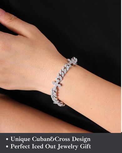 LuxeFlex Iced Out 9mm Cross Cuban Bracelet, Unisex Jesus religious White Gold Plated Sparkling big 5A Cubic Zirconia Shiny Women Luxury Jewelry in Saudi Arabia