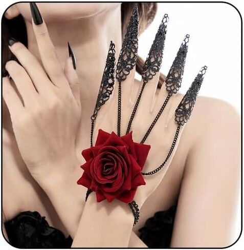 Gothic Red Rose Flower Bracelet for Women Vintage Lace Bracelet With Ring Statement Balck Lace Slave Bracelet Victoria Dark Witch Halloween Costume in Saudi Arabia