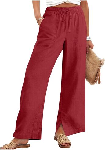 Linen Pants Women Summer Lounge Beach Vacation Flowy Palazzo Trousers Boho Travel Pant Comfy Plus Size Cotton Clothes in Kuwait