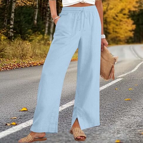 Linen Pants Women Summer Lounge Beach Vacation Flowy Palazzo Trousers Boho Travel Pant Comfy Plus Size Cotton Clothes in Saudi Arabia