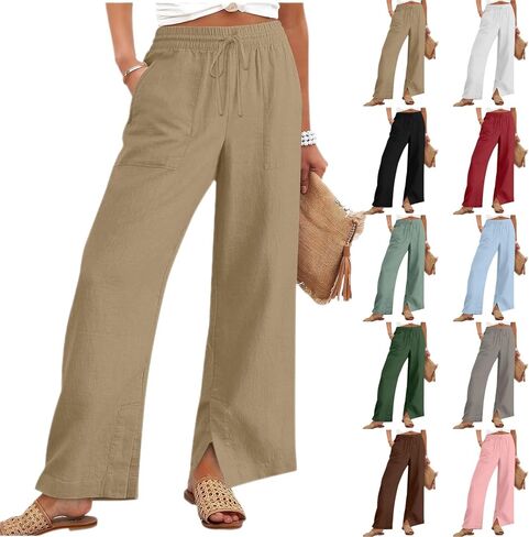 Linen Pants Women Summer Lounge Beach Vacation Flowy Palazzo Trousers Boho Travel Pant Comfy Plus Size Cotton Clothes in Saudi Arabia