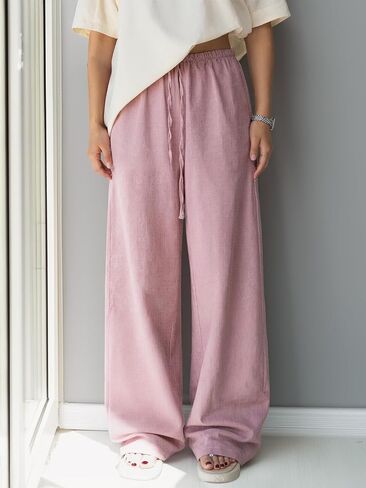 Womens Wide Leg Palazzo Pants Casual Summer Beach Trousers Drawstring Elastic Waist Lightweight Flowy Relaxed Fit Pants in Saudi Arabia